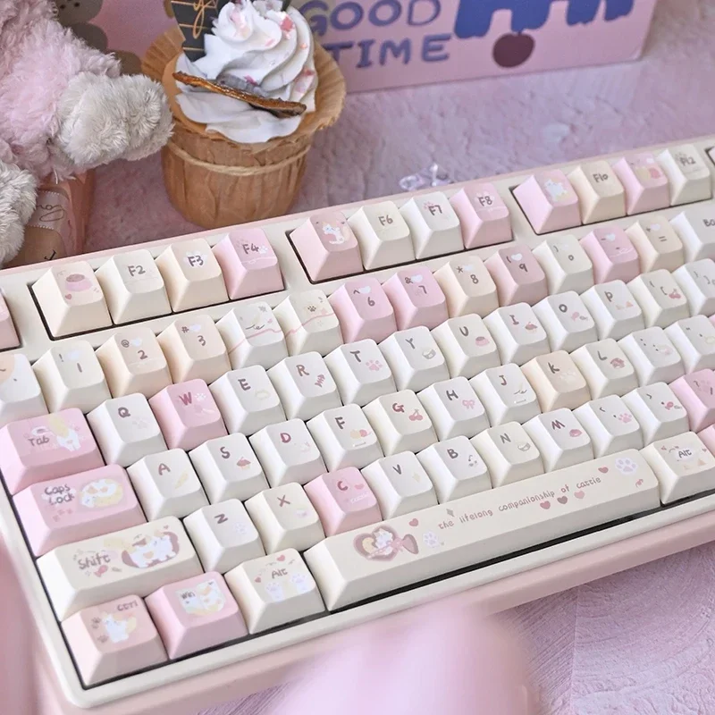 Фото Karami Keycap пятисторонняя термосублимация PBT Материал 131/138 клавиш Вишневый профиль розовые милые колпачки для механической клавиатуры №1