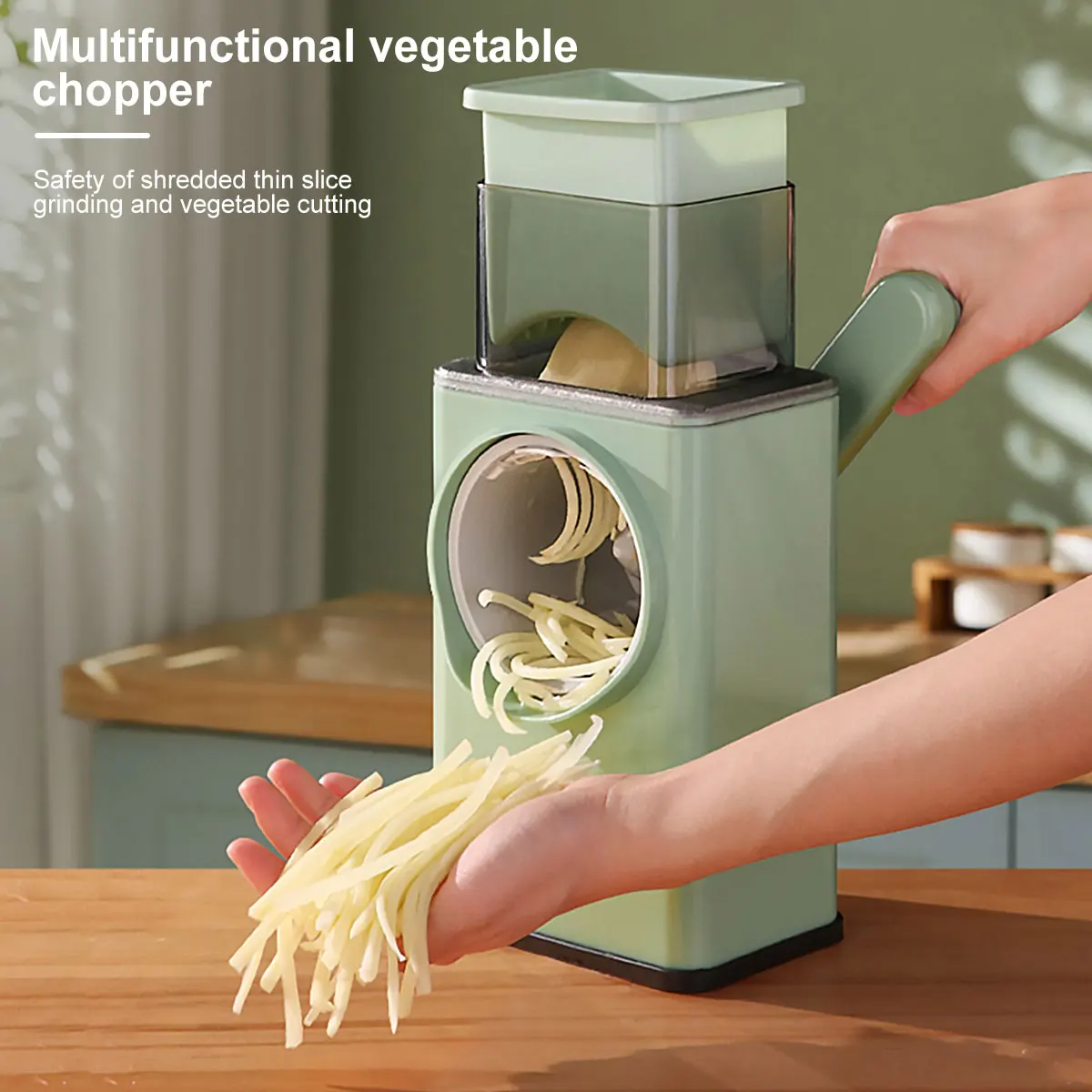 

Rotary Cheese Grater Manual Vegetable Slicer with Handle Sharp Food Shredder Kitchen Gadgets with 6x Interchangeable Blades