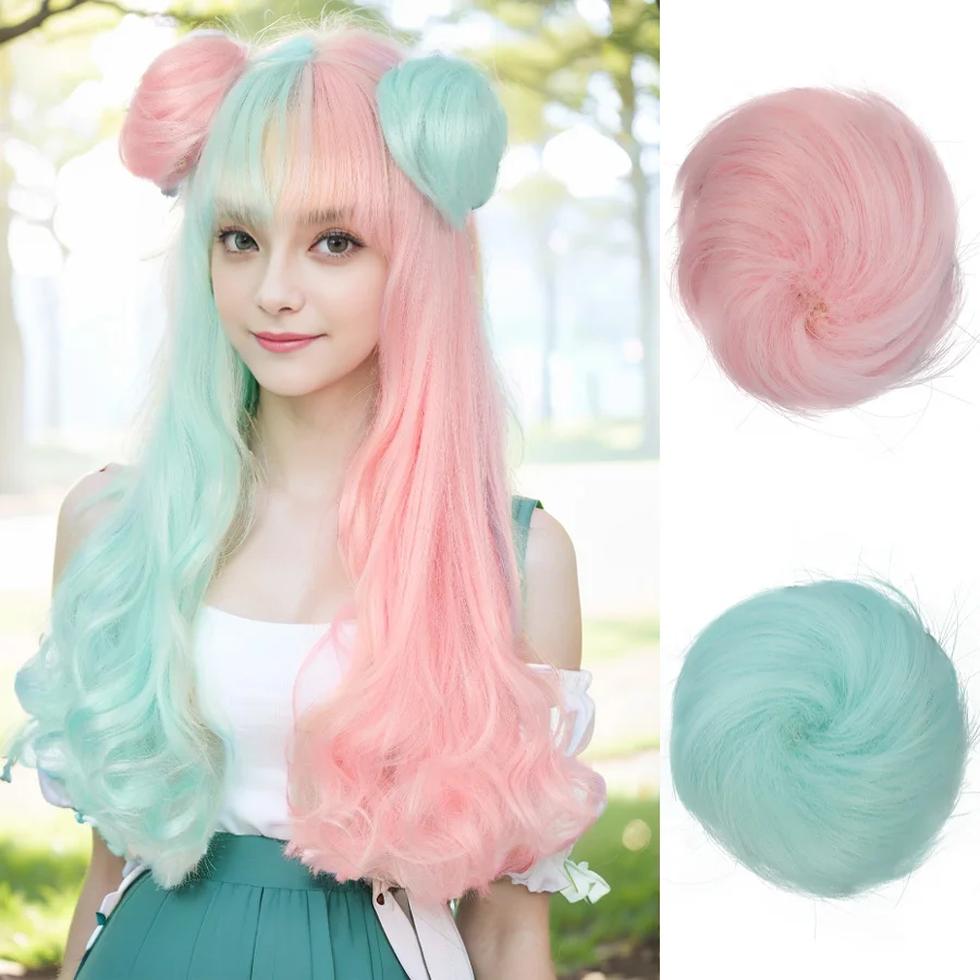 

Long wave curly hair synthetic wig female bangs cosplay Lolita pink blue two color wig high temperature resistance