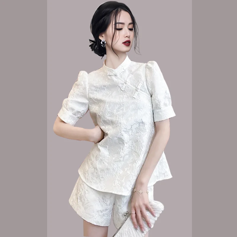 

JSXDHK Vintage White Jacquard Summer 2 Piece Set For Women Stand Collar Flower Print Loose Tops +High Waist Wide Leg Shorts Suit