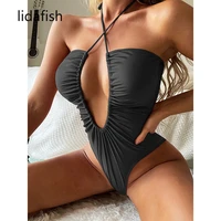 lidafish sexy drawstring bandage one piece swimsuit women solid hollow out swimsuit female push up halter bathing suit