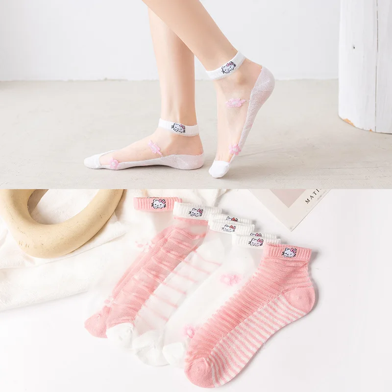 

5 Pairs/Sexy Mesh Thin Women's Socks Summer Transparent Fiberglass Socks Bear Lace Daisy Letters Harajuku Stitching Crystal Sock