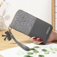 women sequin patchwork long wallet female solid color tassel zipper coin purses ladies wristband card holder clutch phone bag
