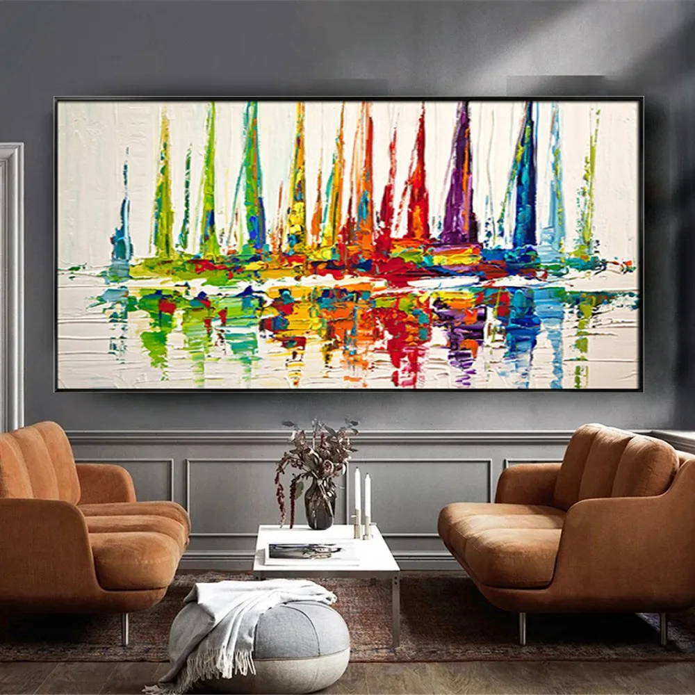 

Hand Painted Seaside Scenery Oil Painting On Canvas Pop Wall Art Pictures Colorful Abstract Sailboat Paintings Decor Living Room