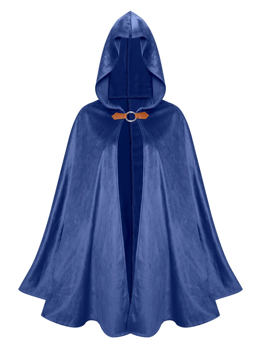 

Medieval Vintage Brown Blue Cloak Hooded Suede Fabric Retro Long Cape Halloween Cosplay Costume Middle Ages Dress Up Clothing