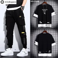 s 5xl 2022 summer new mens pants set with holes t shirt pocket casual trousers two piece set student tracksuits clothing suit