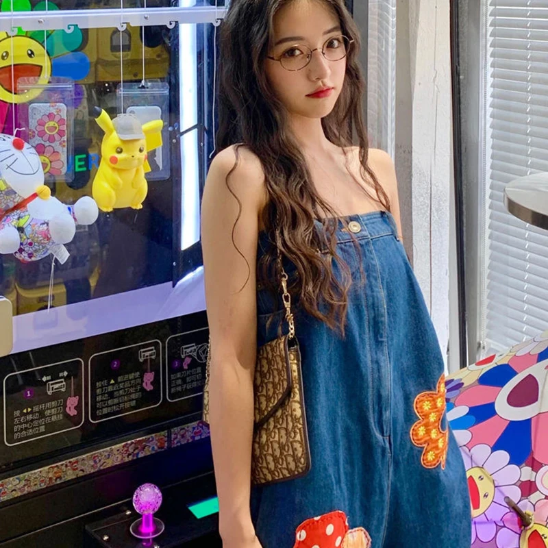 

Джинсовый комбинезон с вышивкой, корейский вариант, Новинка лета 2022, прямые брюки-трубы с широкими штанинами