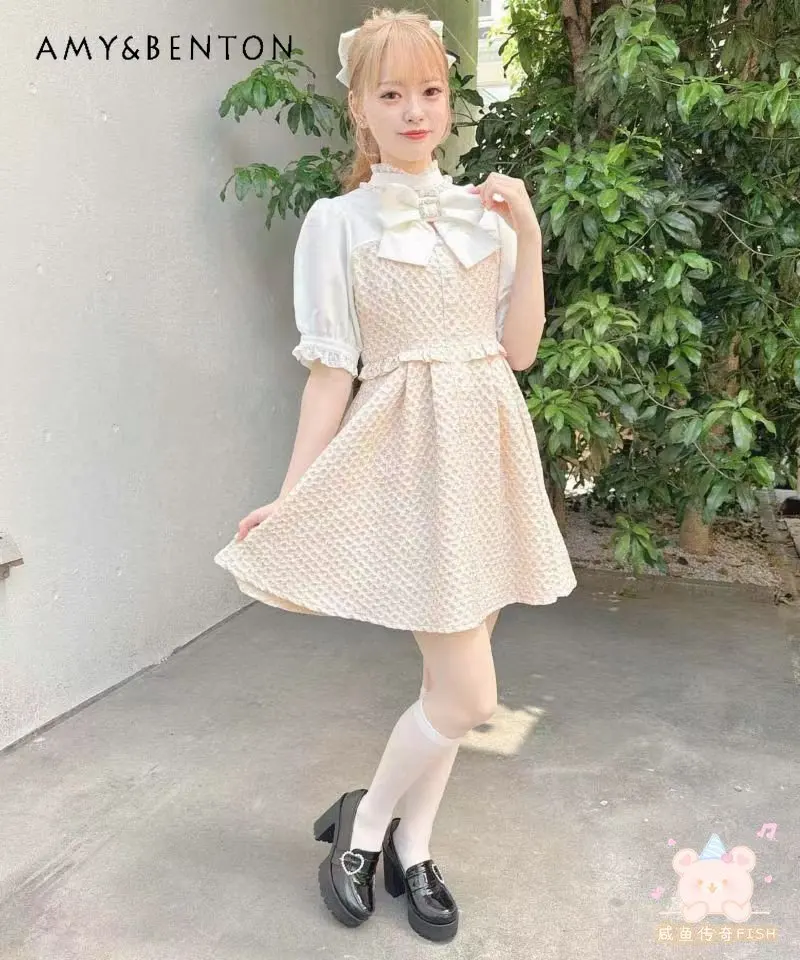 Japanese Style Lace Stitching Bow Hollow-out Mine Series Lolita Short-Sleeve Dress for Women Summer Rojita Cute Midi Dress Lady