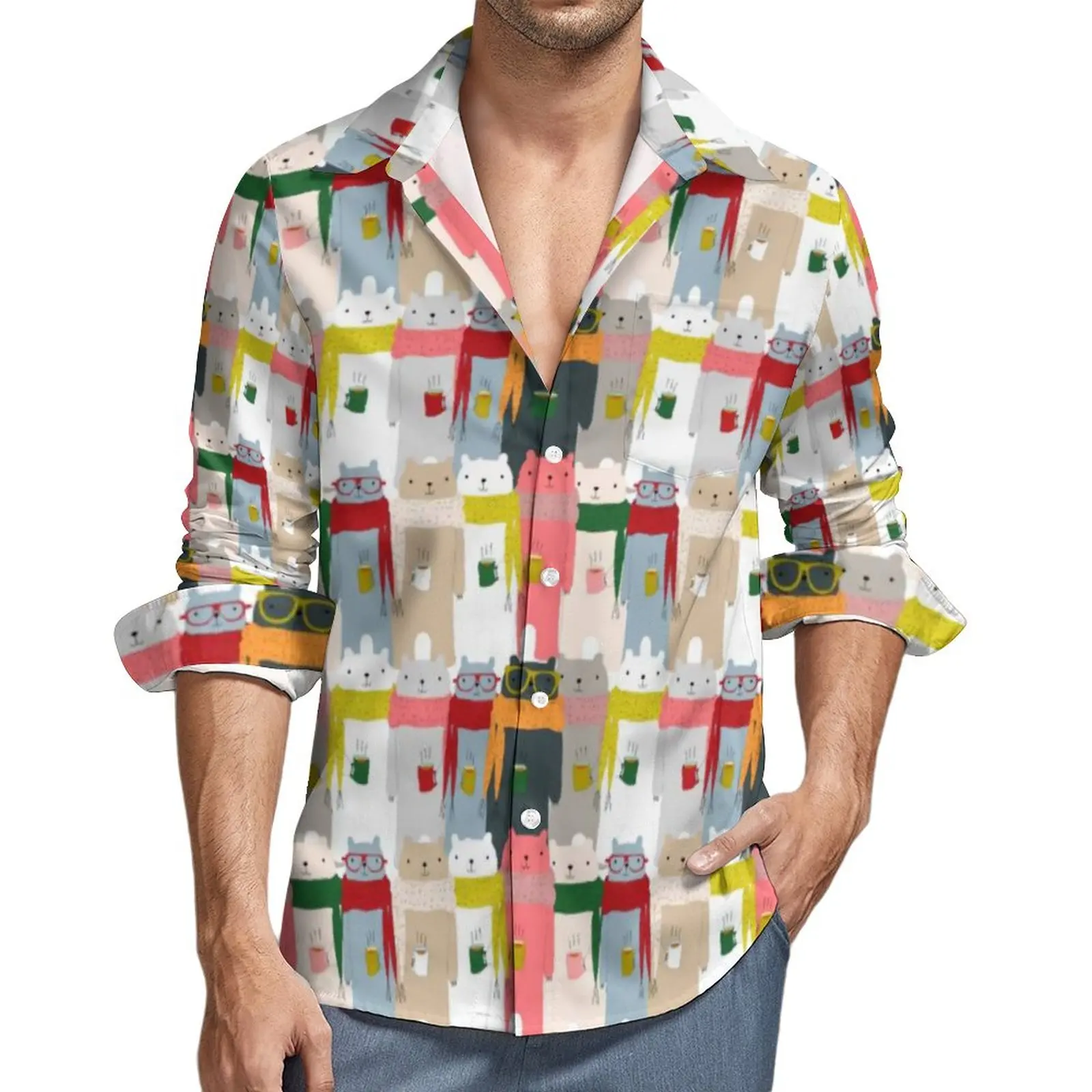 

Рубашка в скандинавском стиле с изображением животных, мужские повседневные рубашки с милым медведем, осенняя уличная графическая блузка, трендовые Топы большого размера с длинным рукавом