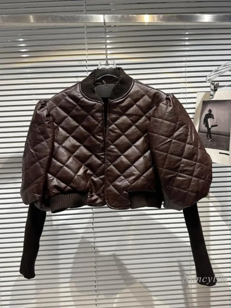 

Short Leather Jacket for Women 2022 Winter New Diamond Lattice Compressed Cotton Puff Sleeve Thread Cuff PU Leather Coat Street