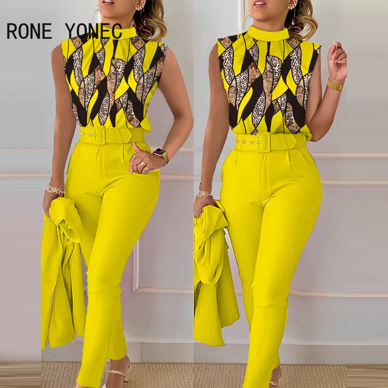 

Women Casual Sleeveless Allover Print Tops & Solid Bottom with Belt Working Shirt & Pants Set
