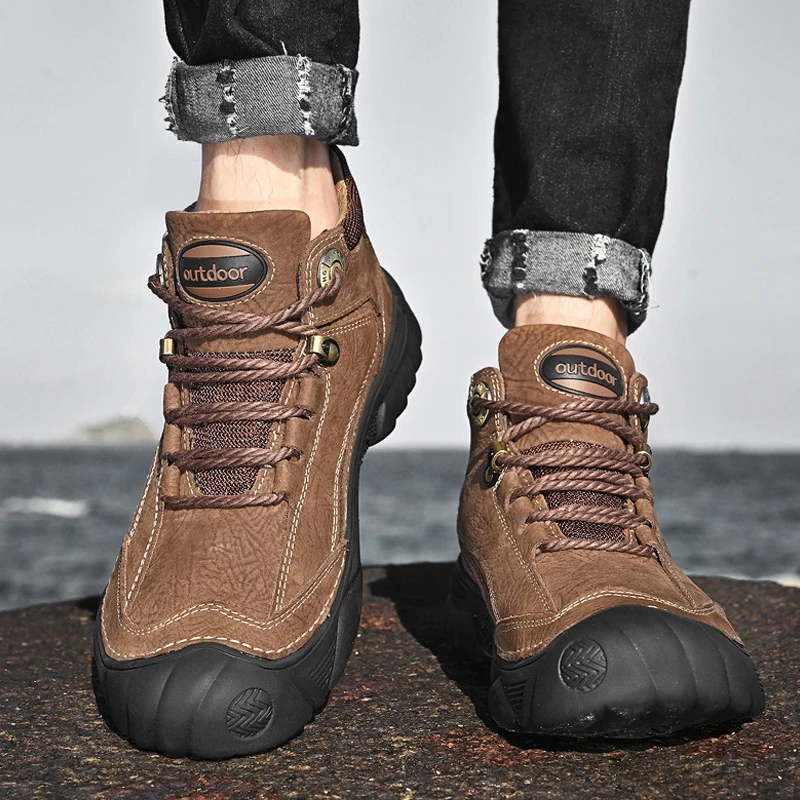 SALUDAS Genuine Leather Men's Shoes Fashion Luxury Leather Boots Outdoor Waterproof  Hiking Shoes Men Fur Winter Sneakers Male