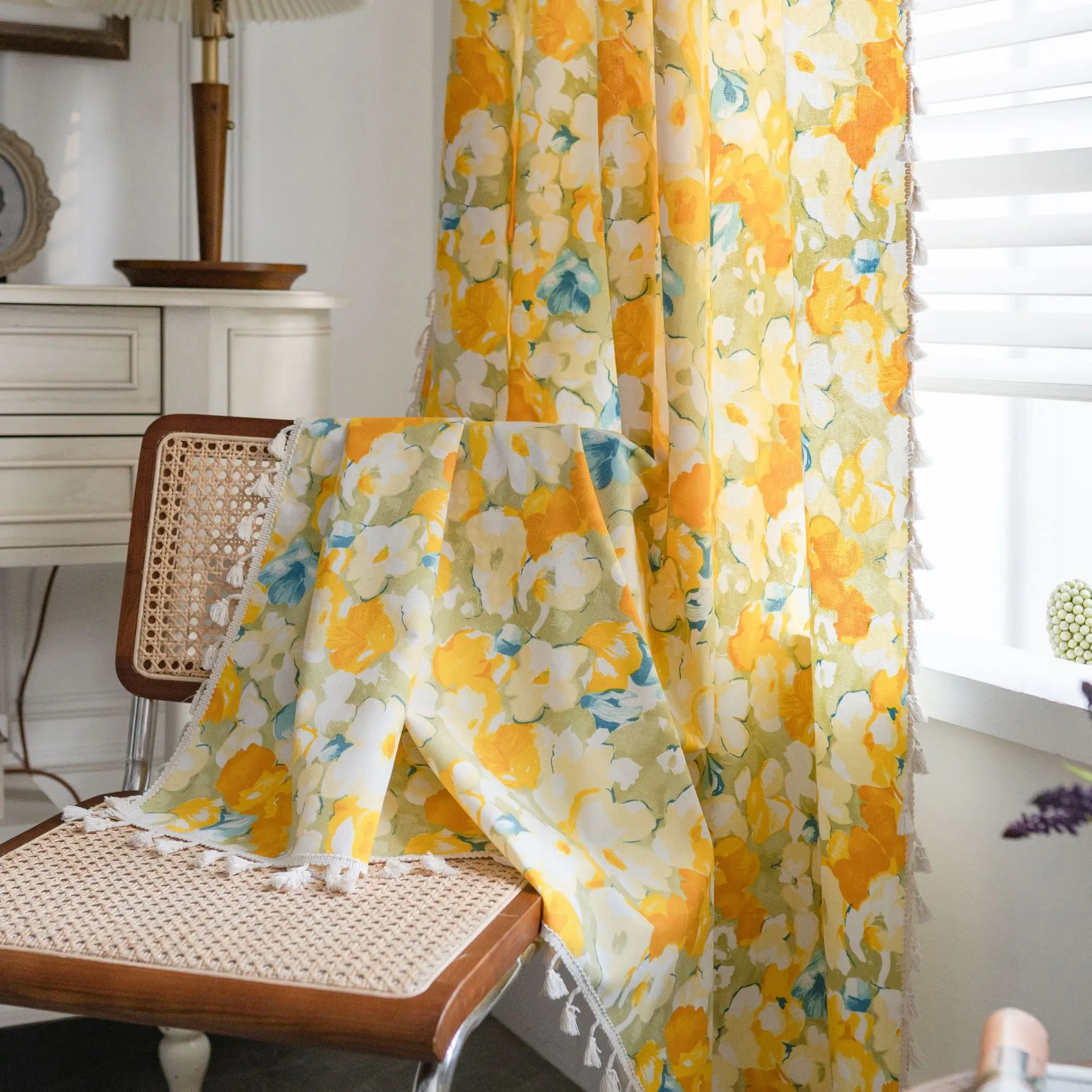 

cotton linen Floral with Tassels Oil Paint CurtainThick Blackout Curtains for Living Room American Vintage Drape Kitchen Valance