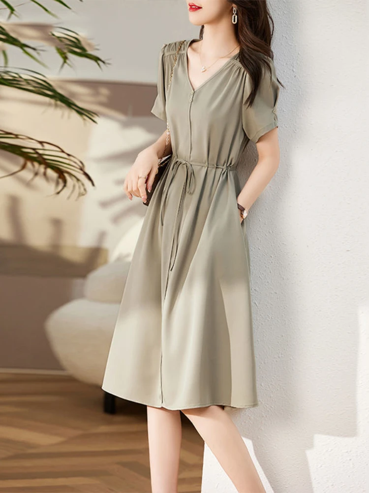 

Women's Summer Dress 2023 Korean Fashion V-Neck Short-sleeved Elegant Dress Holiday Women's Knee-Length Lace Up Women Clothing