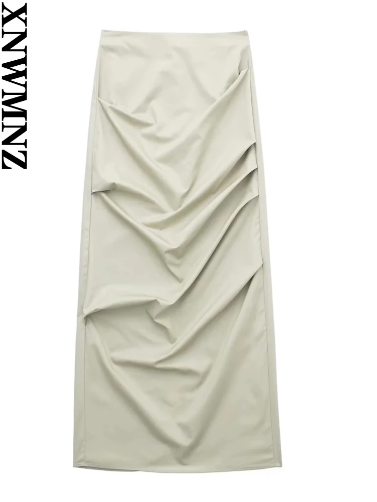 

XNWMNZ Women's Fashion Pleated Midi Skirt Women High Street High Waist Hem Back Split Slim Fit Female Chic Skirt