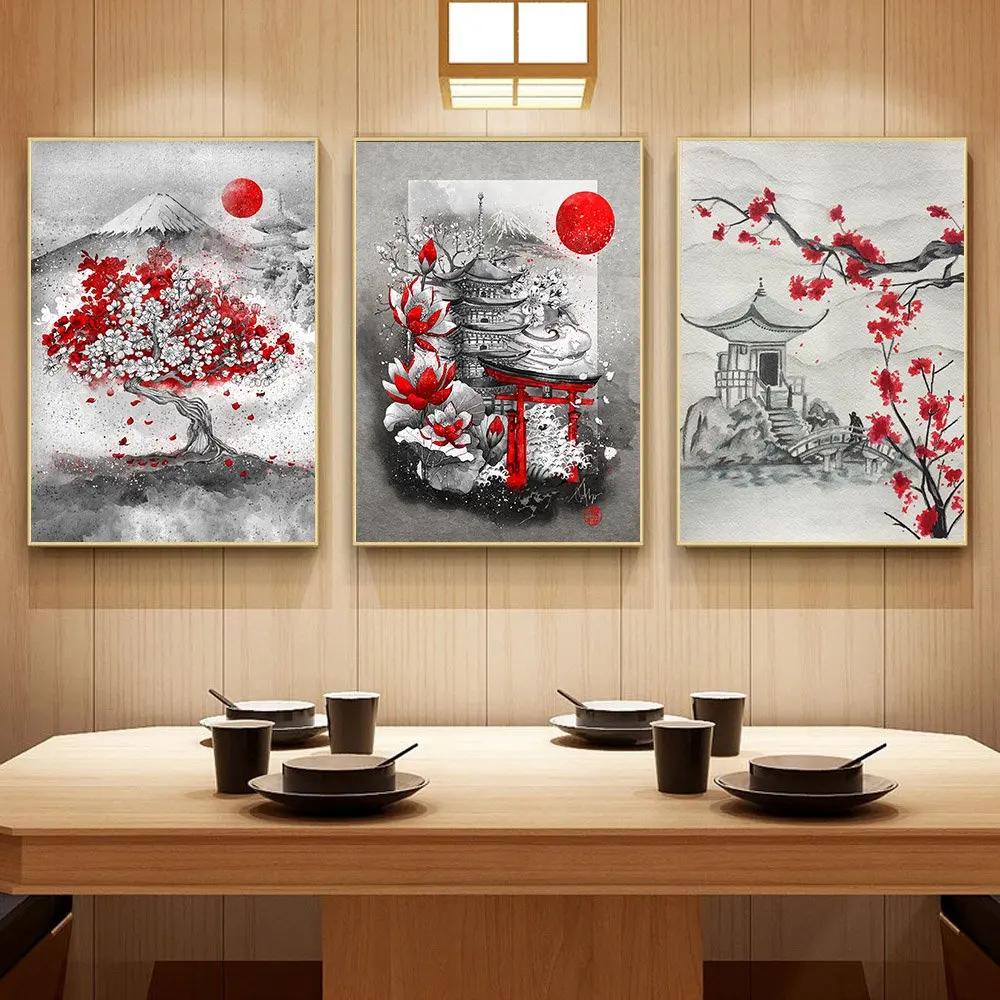 Japanese style landscape canvas painting watercolor wall art poster living room corridor home decoration mural |