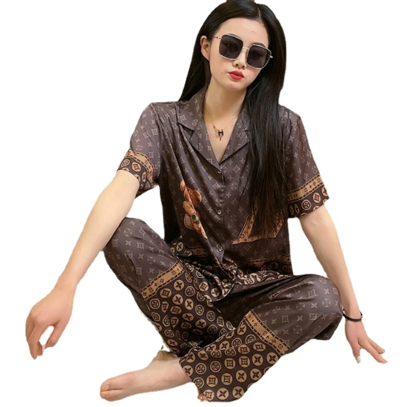 Summer Women Ice Silk Pajama Set Short Sleeve Trousers Designer Thin Spring Home Wear Korean Fashion Retro Printing New
