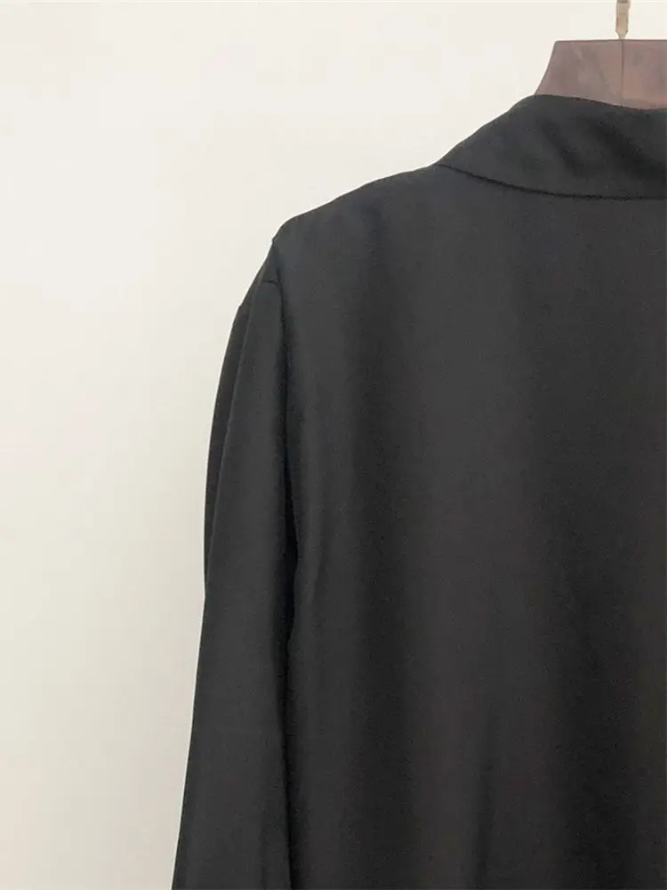 Women Black Ruffles Mini Dress V-neck Stitching Loose Long Sleeve Pleated Female Robe 2023 Spring Fashion