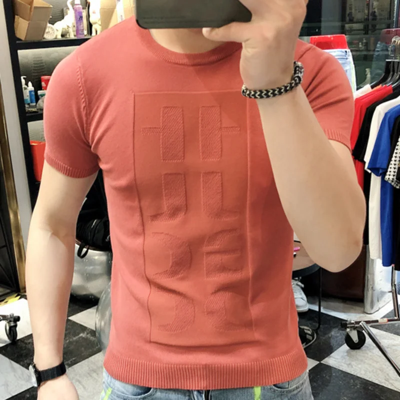 

Мужская Летняя трикотажная рубашка, облегающая тонкая футболка из вискозы с короткими рукавами и круглым вырезом, 2023