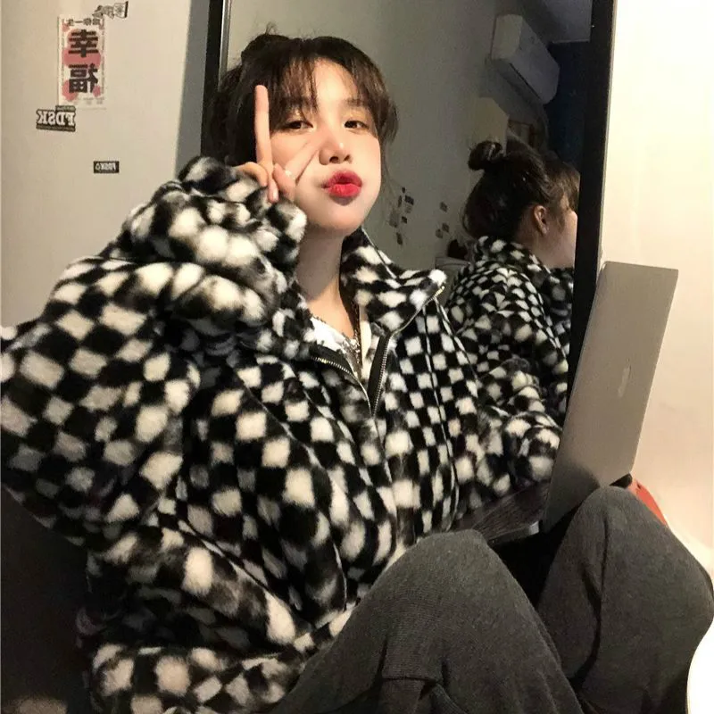 Goth Fashion Plaid Fur Jacket Women Vintage Checkerboard Gothic Style Streetwear All-match Outwear Harajuku Jackets Fur Coat y2k