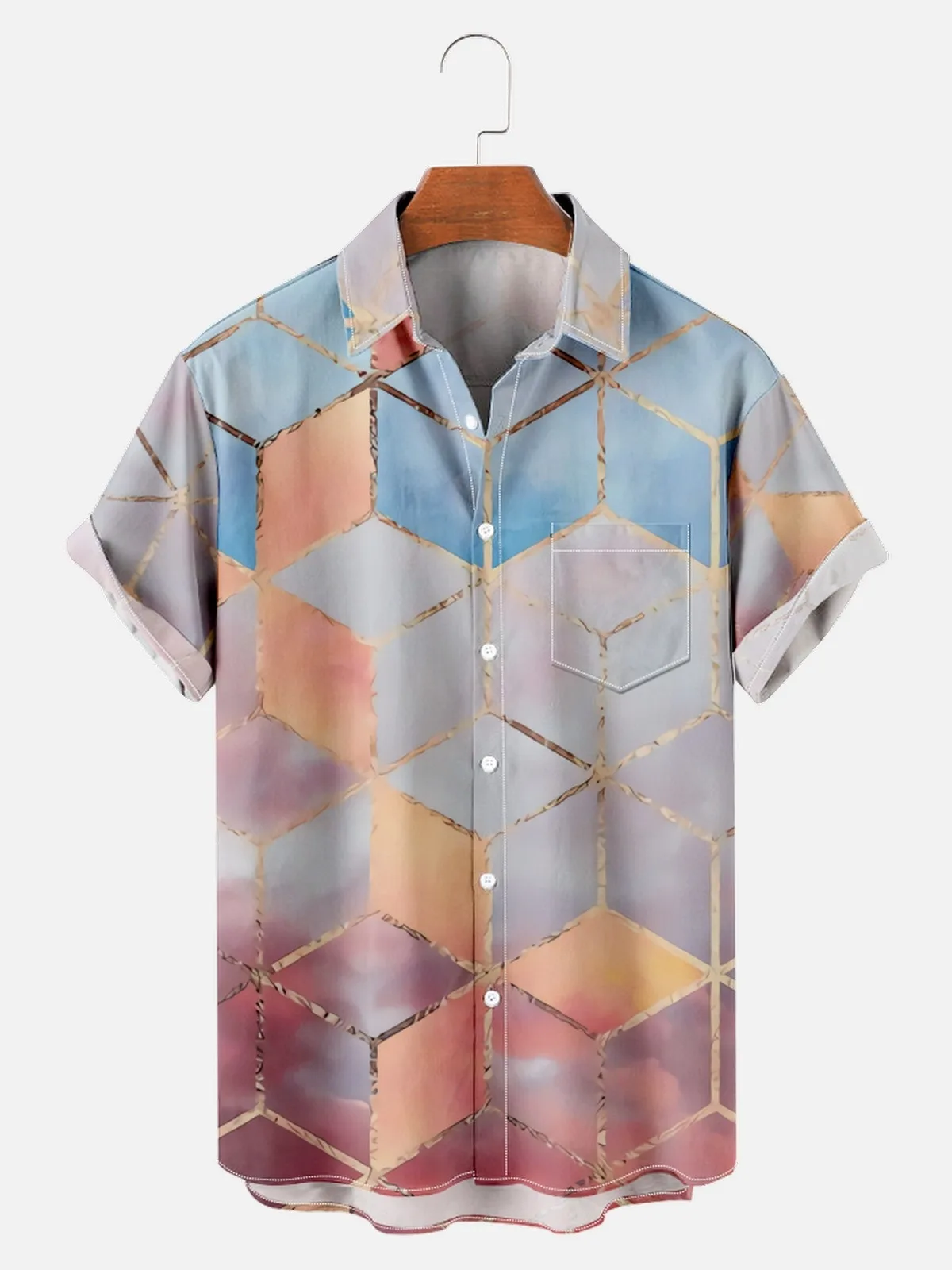 

Camisa de manga corta en 3D para hombre, caleidoscopio con bolsillo, ropa informal de verano, Y2K