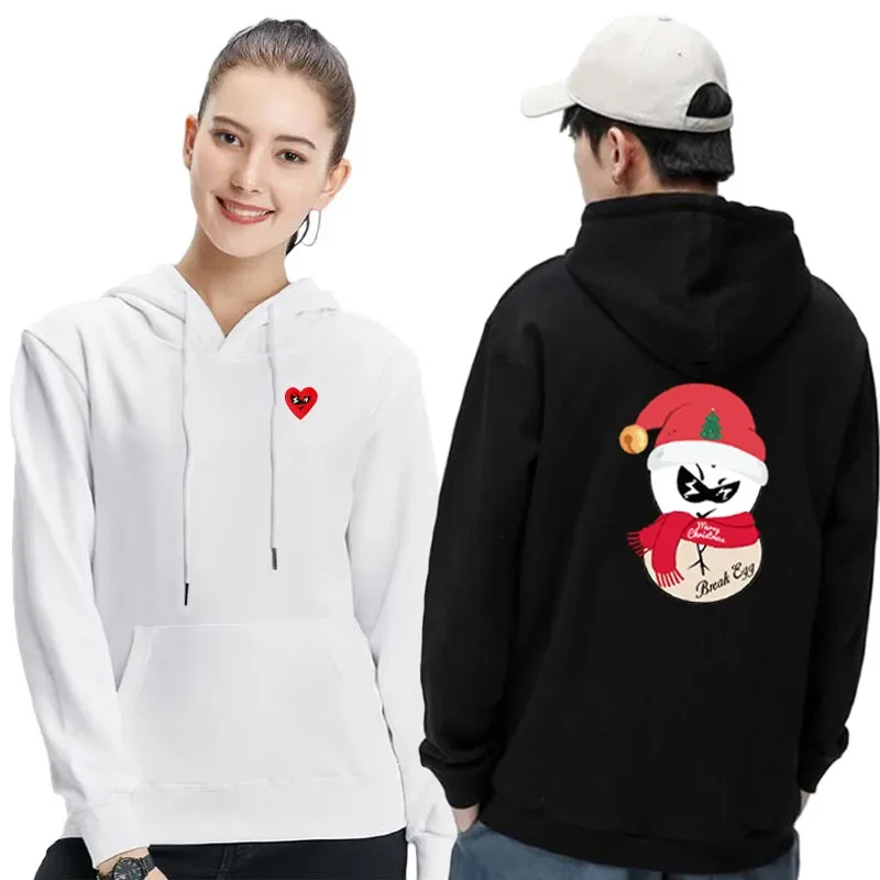 

Break Egg Autumn Hoodie Men Women Cotton Fleece Heart Glasses Embroidery Back Christmas Print Pullover Pocket Casual Sweater