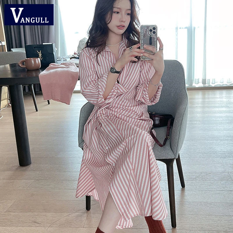 

Vangull Sweet Style Pink Stripe Long Dress Women Turn-down Collar Single Breasted Female Dress Irregular Long Sleeve Loose Dress
