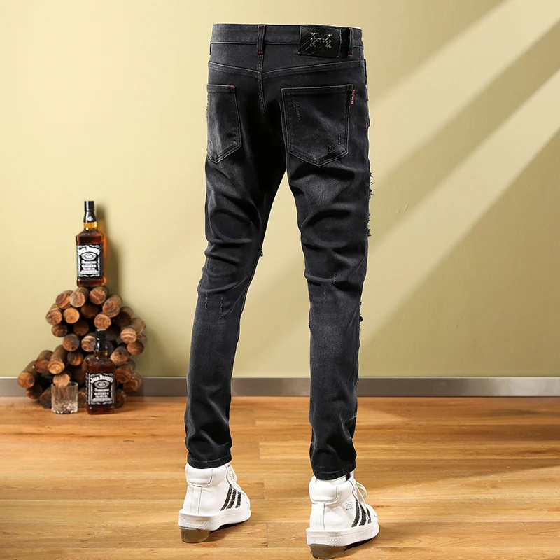 Street Fashion Men Jeans Retro Black Gray Elastic Stretch Skinny Ripped Jeans Men Red Plaid Patched Designer Hip Hop Pants Homme