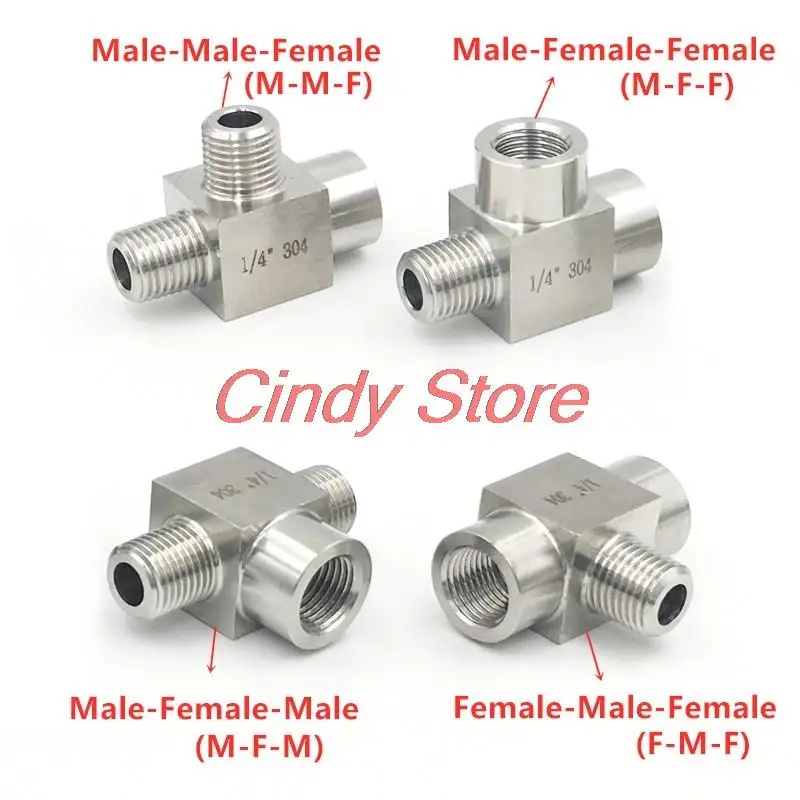 

1/8" 1/4" 3/8" 1/2" BSP NPT Female Male Tee 3 Ways 304 Stainless Steel Pipe Fitting Connector Splitter Block High Pressure