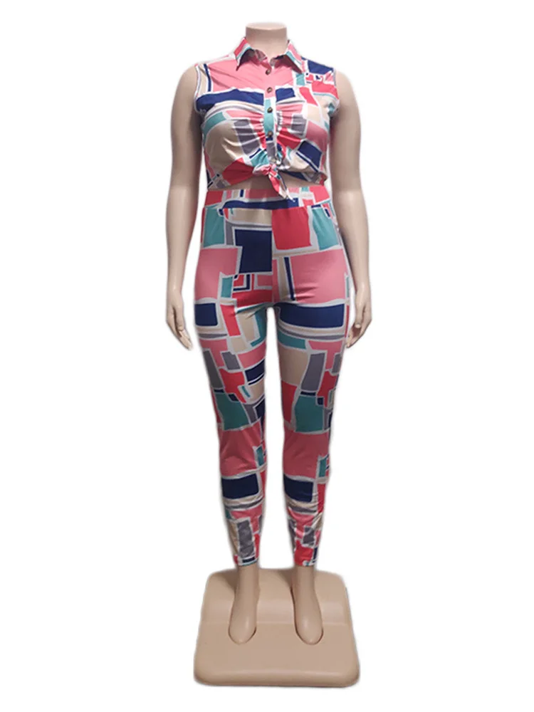 Plus Size Two Piece Sets Women Clothing Patchwork Sleeveless Top Leggings Csual Matching Outfits Whole 3xl 4xl 5xl 6xl