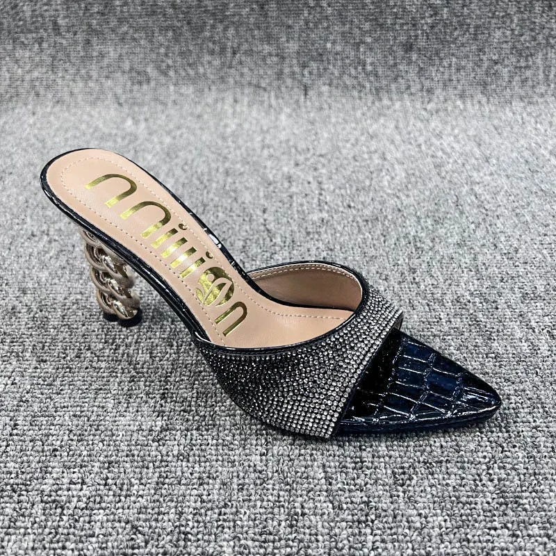 2023 Summer New Women's Slippers Sexy Luxury Pointed Rhinestone Colored High Heel Slippers Wedding Bridal Party Large Size Shoes