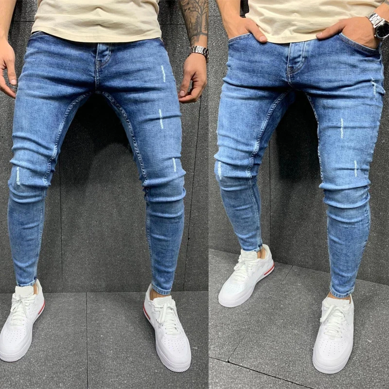 New Men's Jeans Four Seasons Blue Men's Frayed Stretch Jeans Beach Casual Pants Denim Cotton Pants Slim Pencil Pants for Men