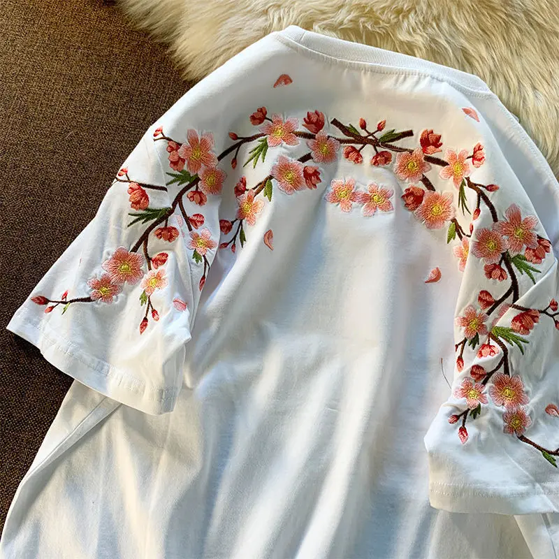Aesthetic Japan Style Cherry Blossoms Embroidery T Shirts Sexy Women Girls Cotton Summer Tee Tops O-neck Loose Casual Harajuku