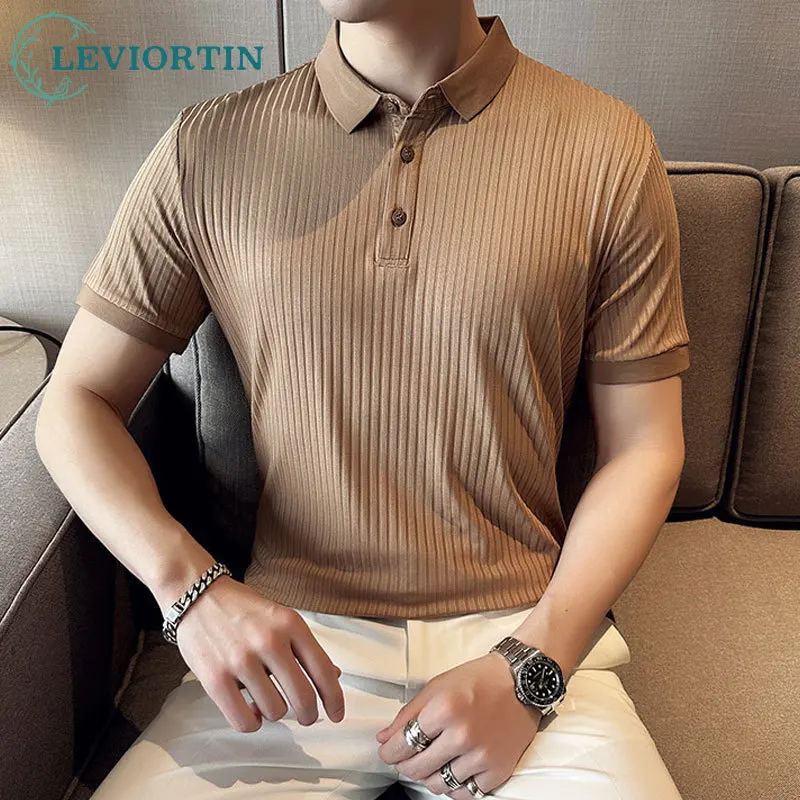 

Рубашка-поло мужская с коротким рукавом, высокоэластичная брендовая облегающая футболка в британском стиле, повседневная одежда в деловом стиле, лето, 2023