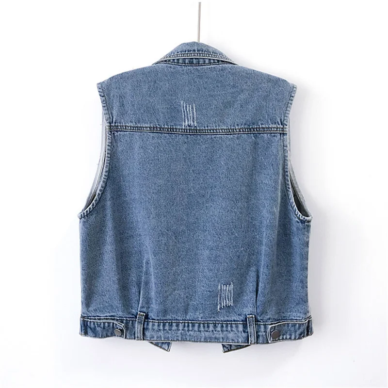 

Work Heavy Beading Pearl Denim Women Waistcoat Short Frayed Big Pocket Cowboy Sleeveless Jacket Wash Blue Jeans Vest Female