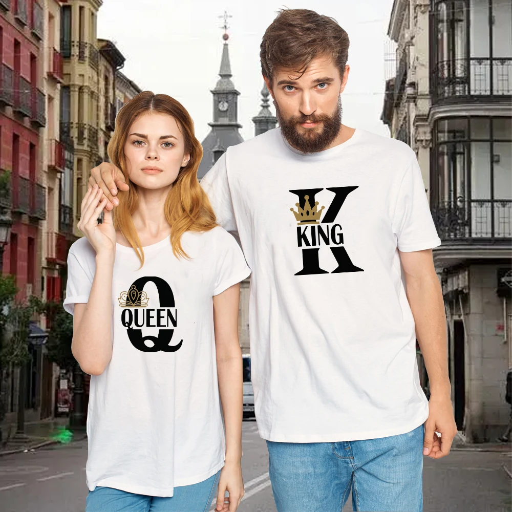

King Queen personality printing men and women couples pure cotton T-shirt short-sleeved casual T-shirt