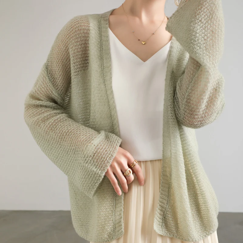 

100% чистый кашемировый кардиган, женское вязаное Свободное пальто, модная Корейская большая вязаная куртка, тонкая воздухопроницаемая длинная рубашка, Топ