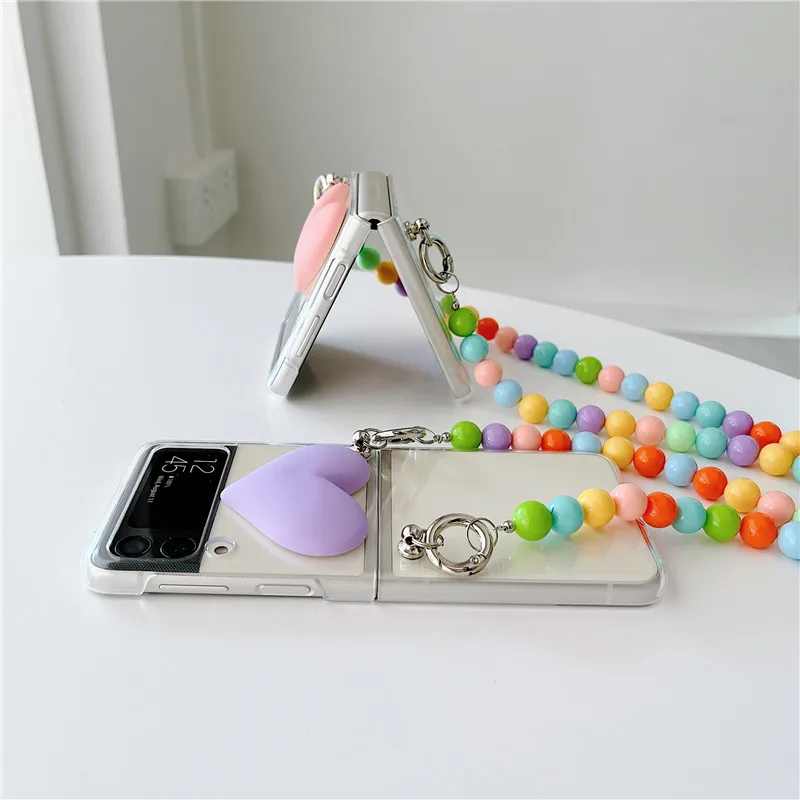 

For Samsung Galaxy Z Flip 3 5G Case 3D Love Heart Candy Color Bead Crossbody Chain Phone Cases Hard PC Clear Back Cover
