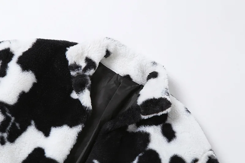 Women's Autumn  Winter Black  White Polka Dot Plush Loose High Neck Cardigan Coat Women  High Street Cow Print Jacket