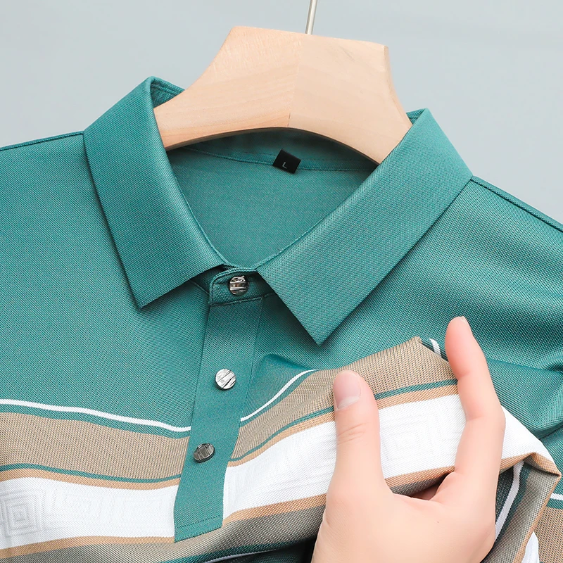 

Мужская Роскошная рубашка-поло с отложным воротником, модель 2023 года, Высококачественная разноцветная рубашка в горизонтальную полоску, деловой повседневный дизайн с короткими рукавами