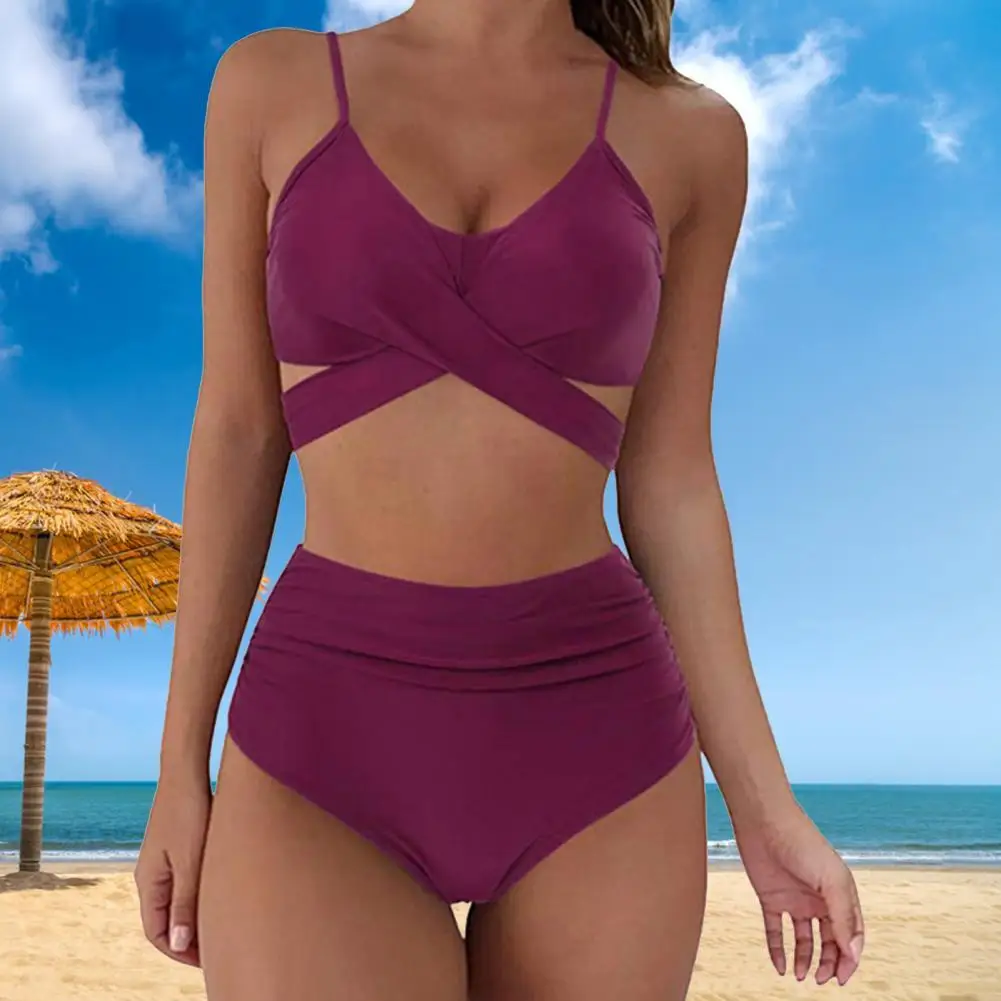 

Fashion Women Swimsuit Cross Bandage Solid Color Beachwear High Waist Tummy Control Bathing Suit