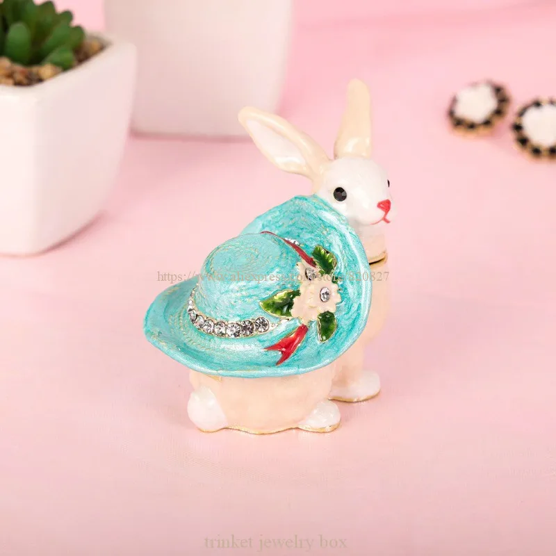Rabbit with Floral Hat Trinket Boxes Hinged Enamel Hand-Painted Animals Ornaments Unique Gift
