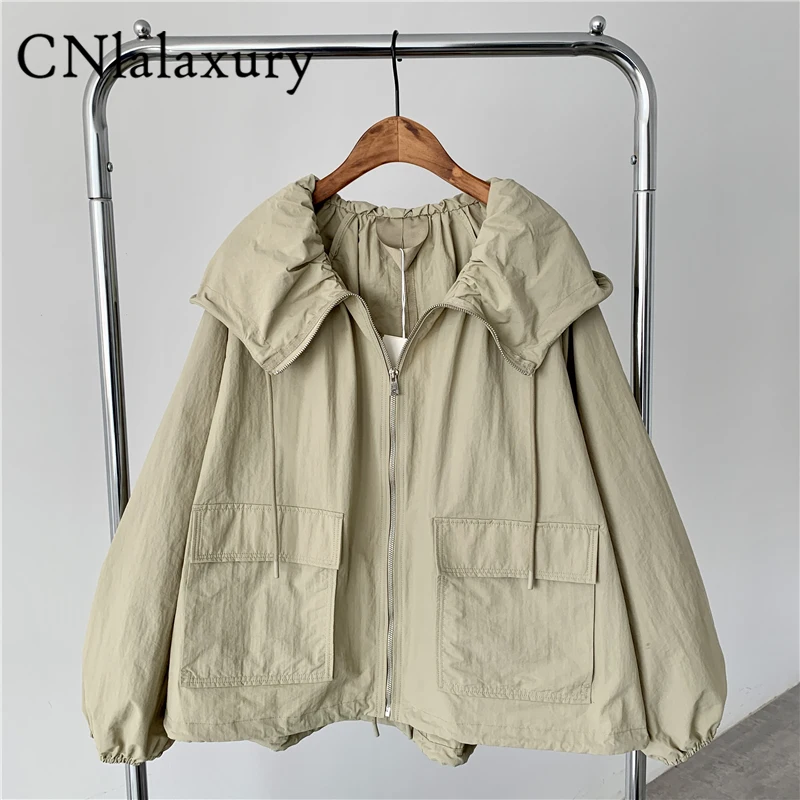 

CNlalaxury Autumn Woman Casual Jacket Hooded Long Sleeves Loose Outerwear Solid Color Pocket Top Drawstring Adjustment Thin Coat