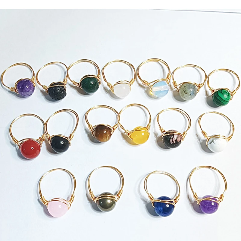 

Bohemia Natural Stone Crystal Rings For Women Agate Gemstone Hand-wound Wire Wrapped Ring Healing Pink Gold Sandstone Jewelry