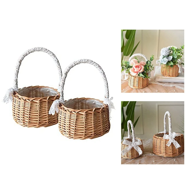 

2PCS Woven Storage Basket And Ribbon Wedding Flower Girl Baskets Wicker Rattan Flower Basket For Home Garden Decor