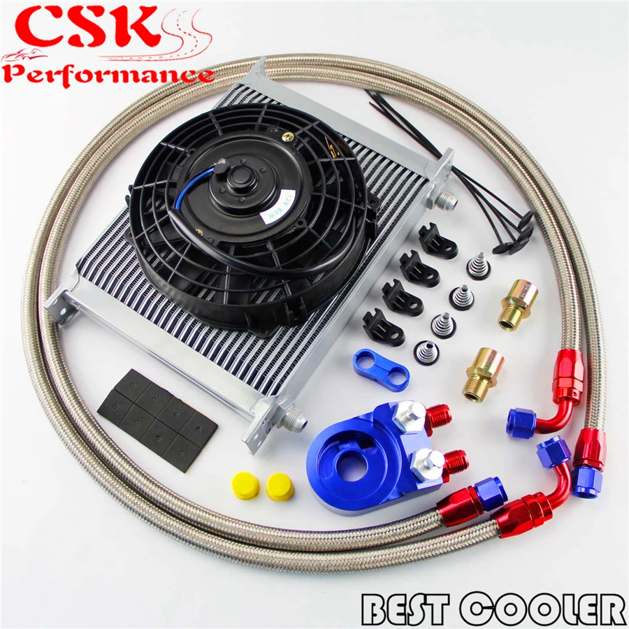 

30 Row -8AN AN8 engine Transmission Oil Cooler + 7" Electric Fan Kit Blue / Black