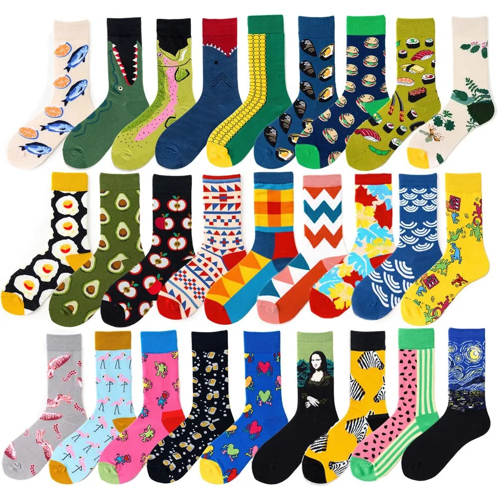 Men's Colorful Casual Socks Happy and Funny Socks 1 Pair Printed Unisex Fashion Male Sox Combed Cotton Socks EU 38-45 Size