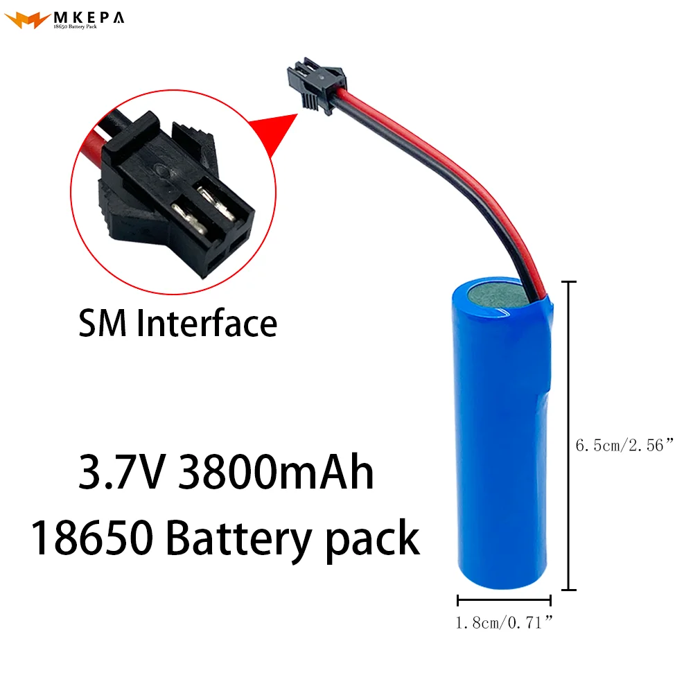 

3.7V lithium ion rechargeable battery, 3800mAh 18650 with replacement socket and SM interface line for emergency lighting