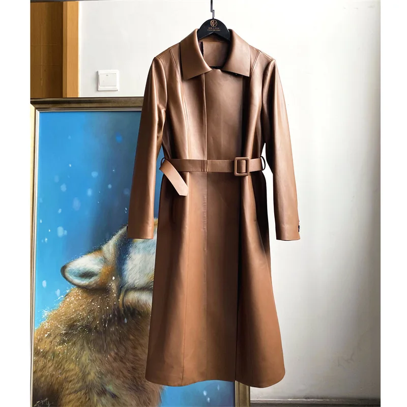 2023 Women New Simple and Slim Genuine Sheepskin Leather Windbreaker Real Sheep Leather Trench E17
