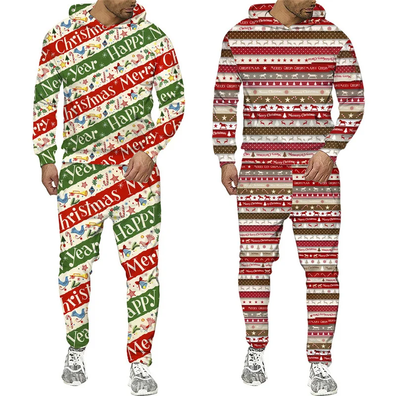 Костюм мужской с капюшоном и брюками свитшот 3D принтом на Рождество модная